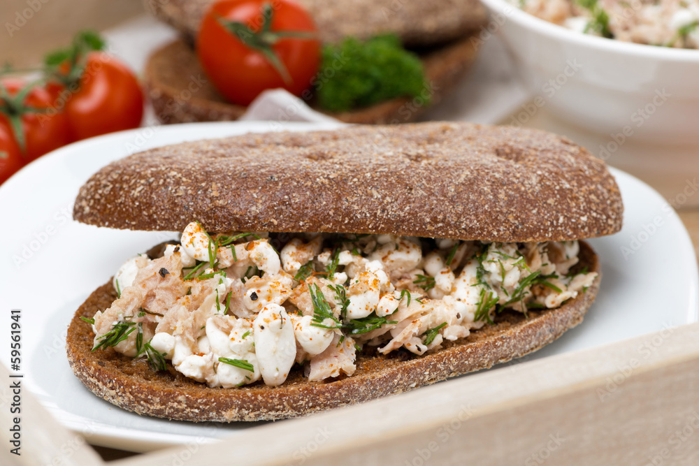 sandwich of rye bread with tuna and homemade cheese sandwich of rye bread with tuna and homemade cheese