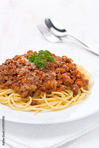 portion of spaghetti bolognese on a white plate, vertical