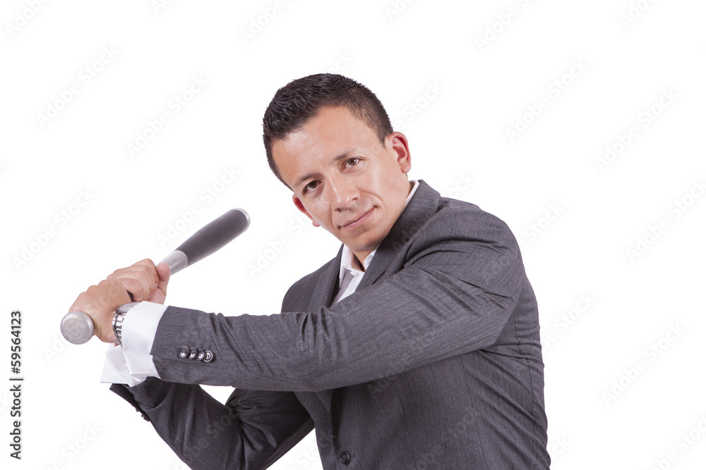 Young mixed race businessman swinging his baseball bat Young mixed race businessman swinging his baseball bat