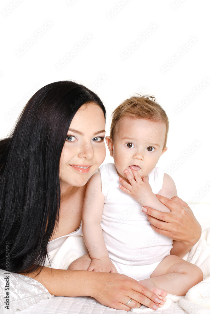 portrait of a mother and child on a white background portrait of a mother and child on a white background