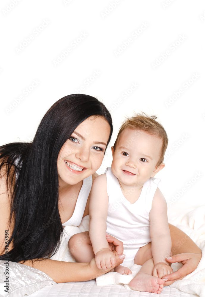 portrait of a mother and child on a white background portrait of a mother and child on a white background