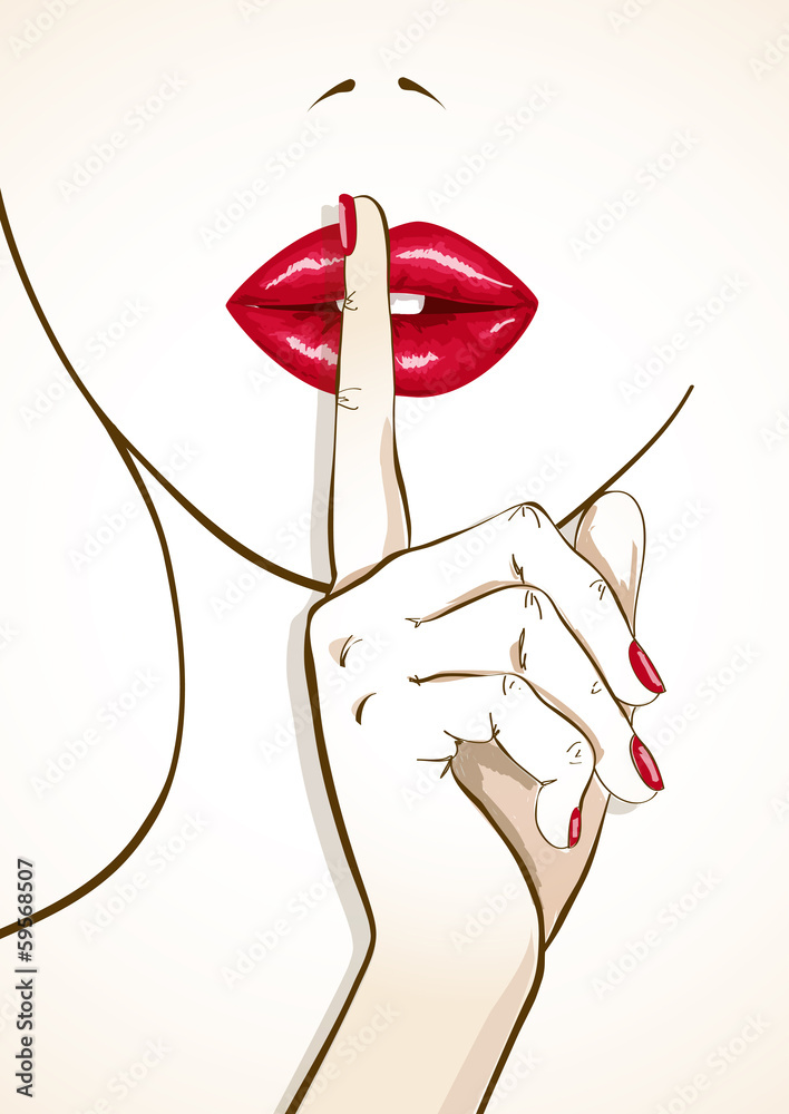 Fototapeta premium Illustration of woman lips with finger in shh sign