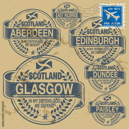 Stamp set with names of Scotland cities, vector