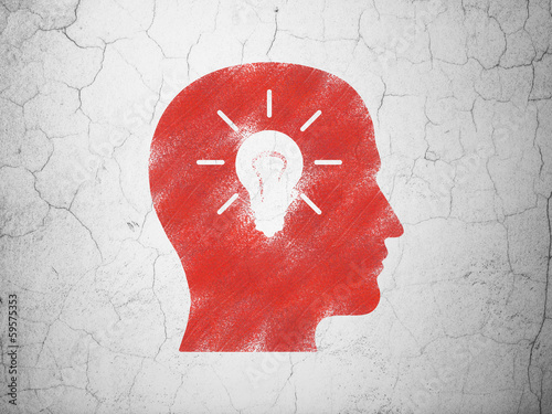 Finance concept: Head With Light Bulb on wall background photo