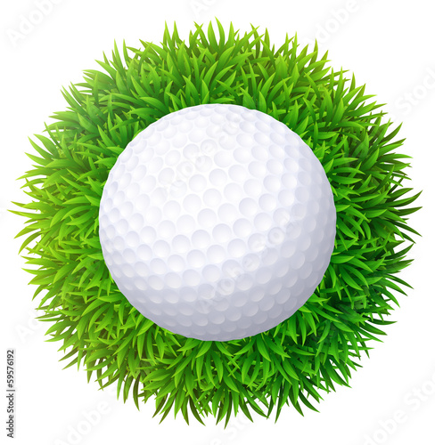 Ball for golf on green grass. Isolated on white background.