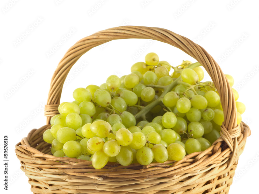 Grape bunches with green berries in wicker basket isolated Grape bunches with green berries in wicker basket isolated