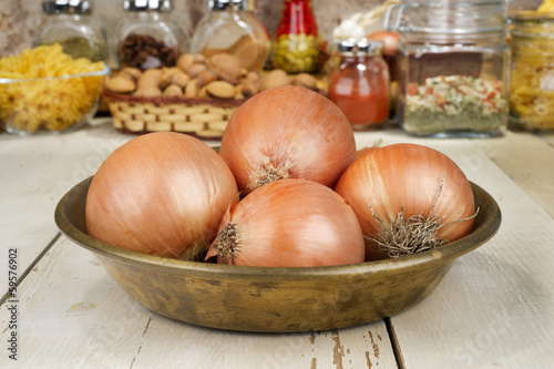 Onions in copper tray