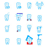 Vektornyye znachki dlya stomatologii. Zuby ulybayutsya. Detskiy stil'. 65/5000 Vector icons for dentistry. The teeth are smiling. Children's style.