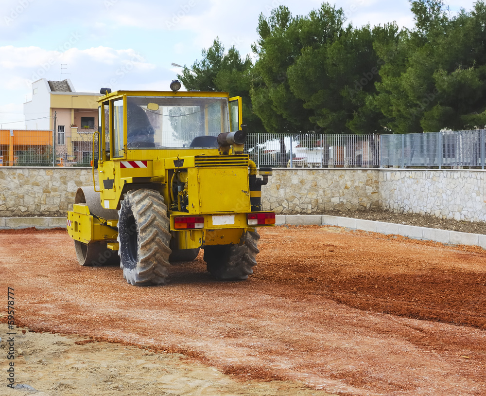 Obraz premium Construction site - road roller compact foundation