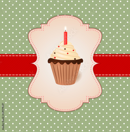 Vintage vector greetings card. Cream cake with candle.