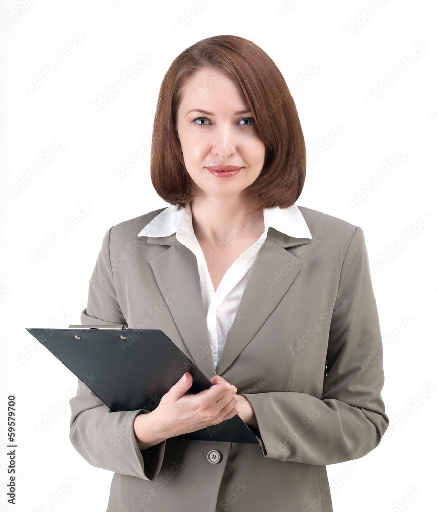 Pretty business woman in gray suit with tablet isolated on white Pretty business woman in gray suit with tablet isolated on white