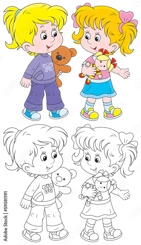 Little girls play with their doll and teddy bear Little girls play with their doll and teddy bear