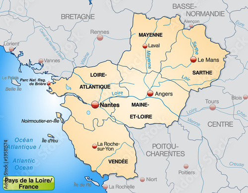 Pays-de-la-Loire mit Grenzen in Pastelorange