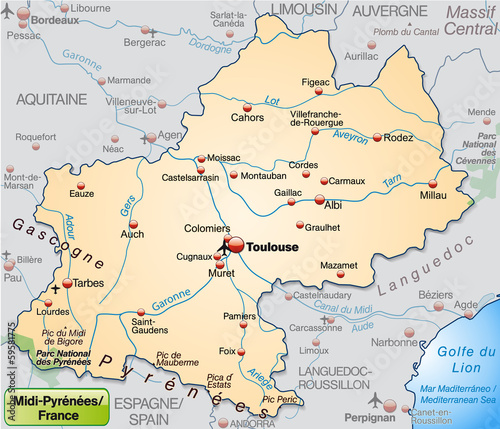 Midi-Pyrénées als Übersichtskarte in Pastelorange