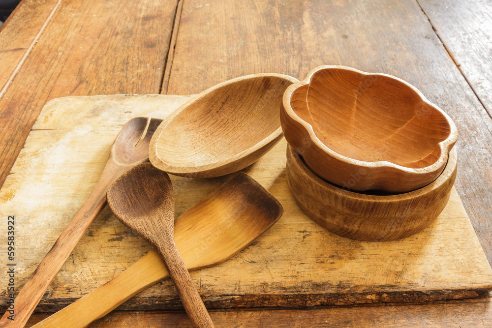 Kitchen cookware and cooking utensils made of wood. Kitchen cookware and cooking utensils made of wood.