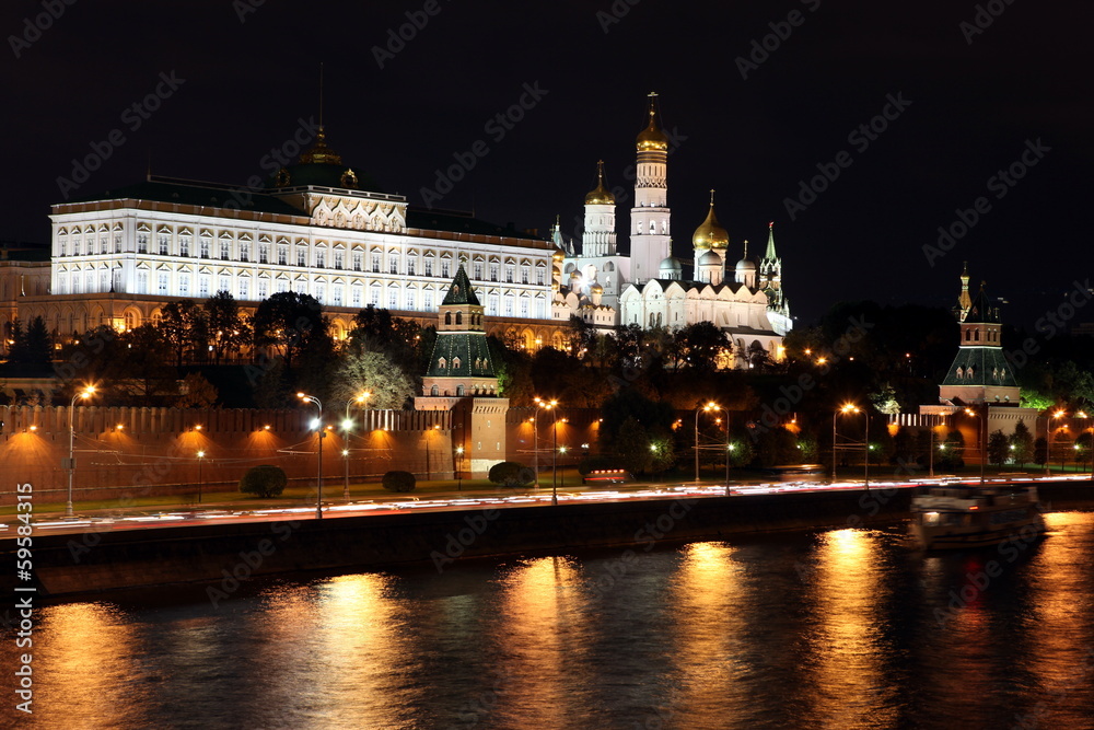 Famous and Beautiful Night View of Moskva river and Moscow Kreml