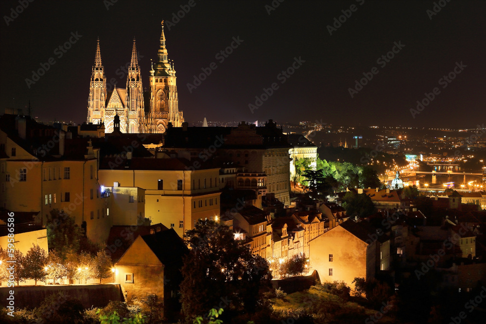 Colorful Night Prague with gothic Castle, Czech Republic