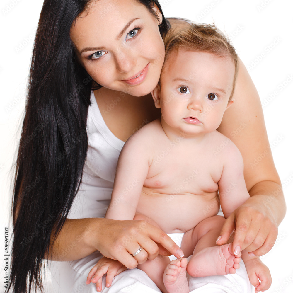 Mother with baby isolated on white. Happy family with newborn. Mother with baby isolated on white. Happy family with newborn.