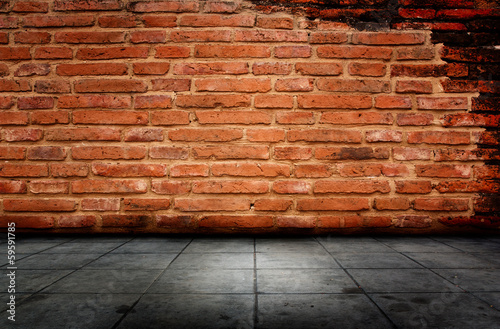 Background of natural red brick and cement flooring