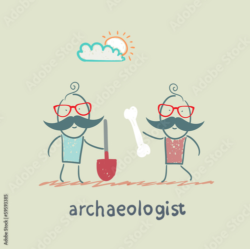 archaeologist holding a shovel and another archaeologist has bone
