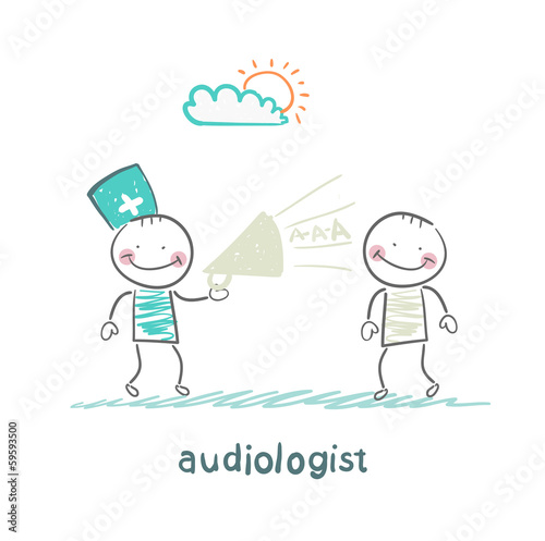 otolaryngologist yells into a megaphone on patient