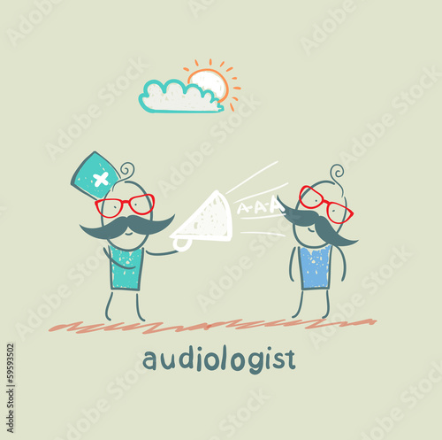 otolaryngologist yells into a megaphone on patient