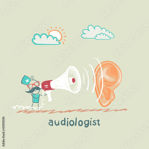 otolaryngologist yells into a megaphone on a large ear