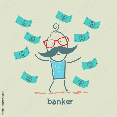 banker and a lot of money falling around