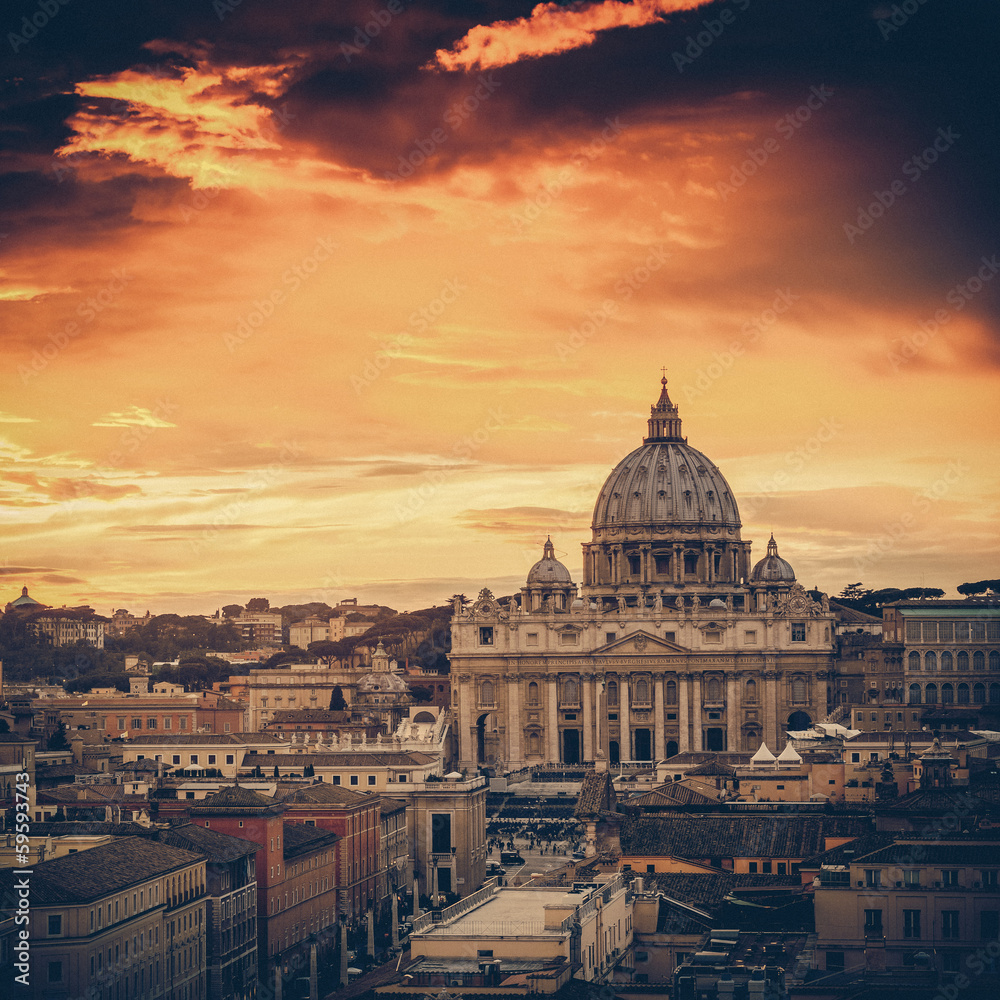 Vintage  view at St. Peter's cathedral in Rome, Italy