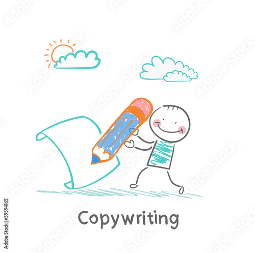 copywriter writes in pencil on a large sheet of paper