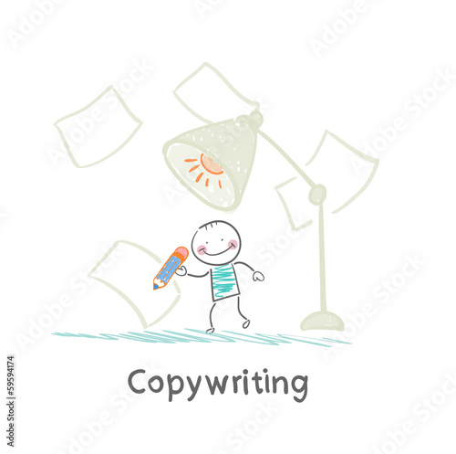 copywriter writes in pencil on paper under a huge lamp