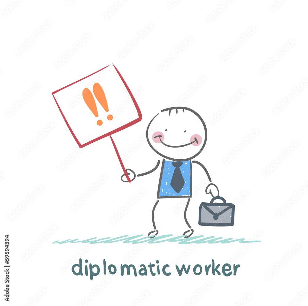 diplomatic worker holds a placard with exclamation marks diplomatic worker holds a placard with exclamation marks