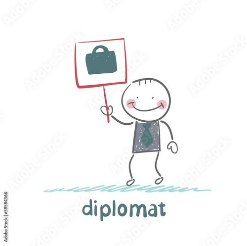 diplomat holds a placard on which painted a suitcase