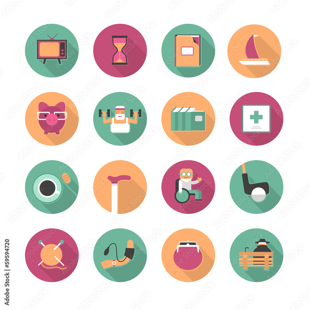 Flat icons of life after retirement Flat icons of life after retirement