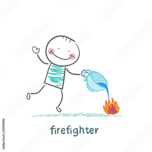 firefighter puts out a fire with water from a cup