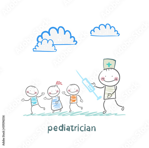 pediatrician with a syringe runs for children