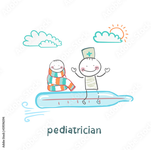 pediatrician is flying on a thermometer with a sick child