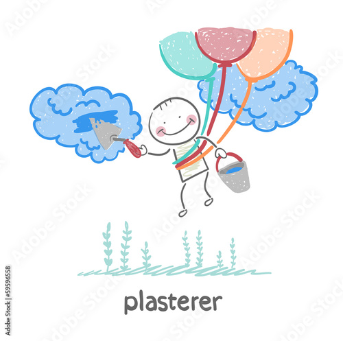 plasterer flying balloons and works with cloud