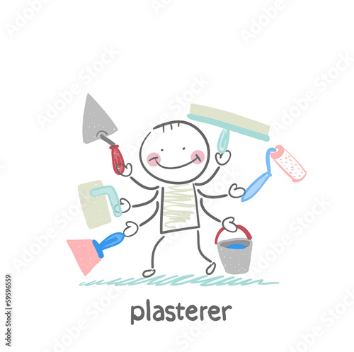 plasterer holds a lot of tools to work
