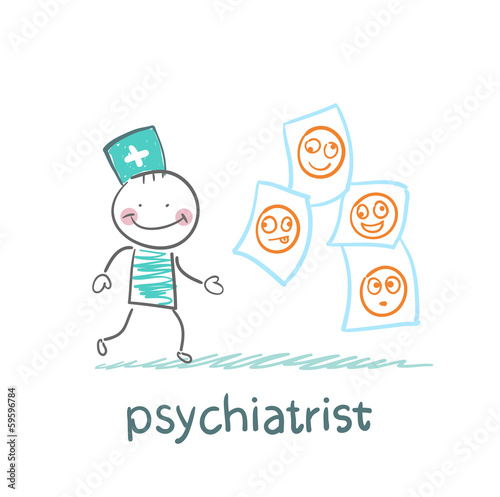 psychiatrist studying photos of demented patients