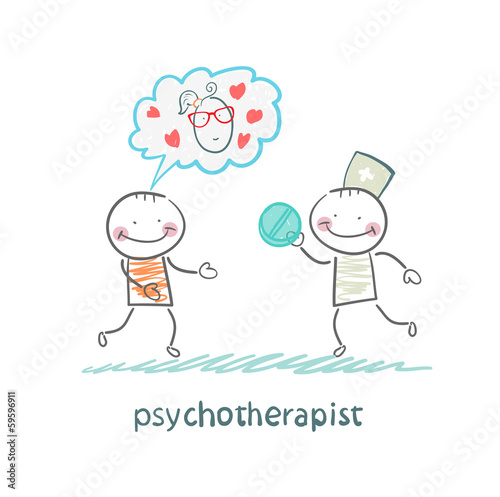 psychotherapist  gives the patient a pill
