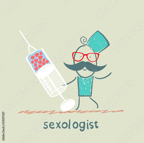 Sexologist with a syringe filled with hearts