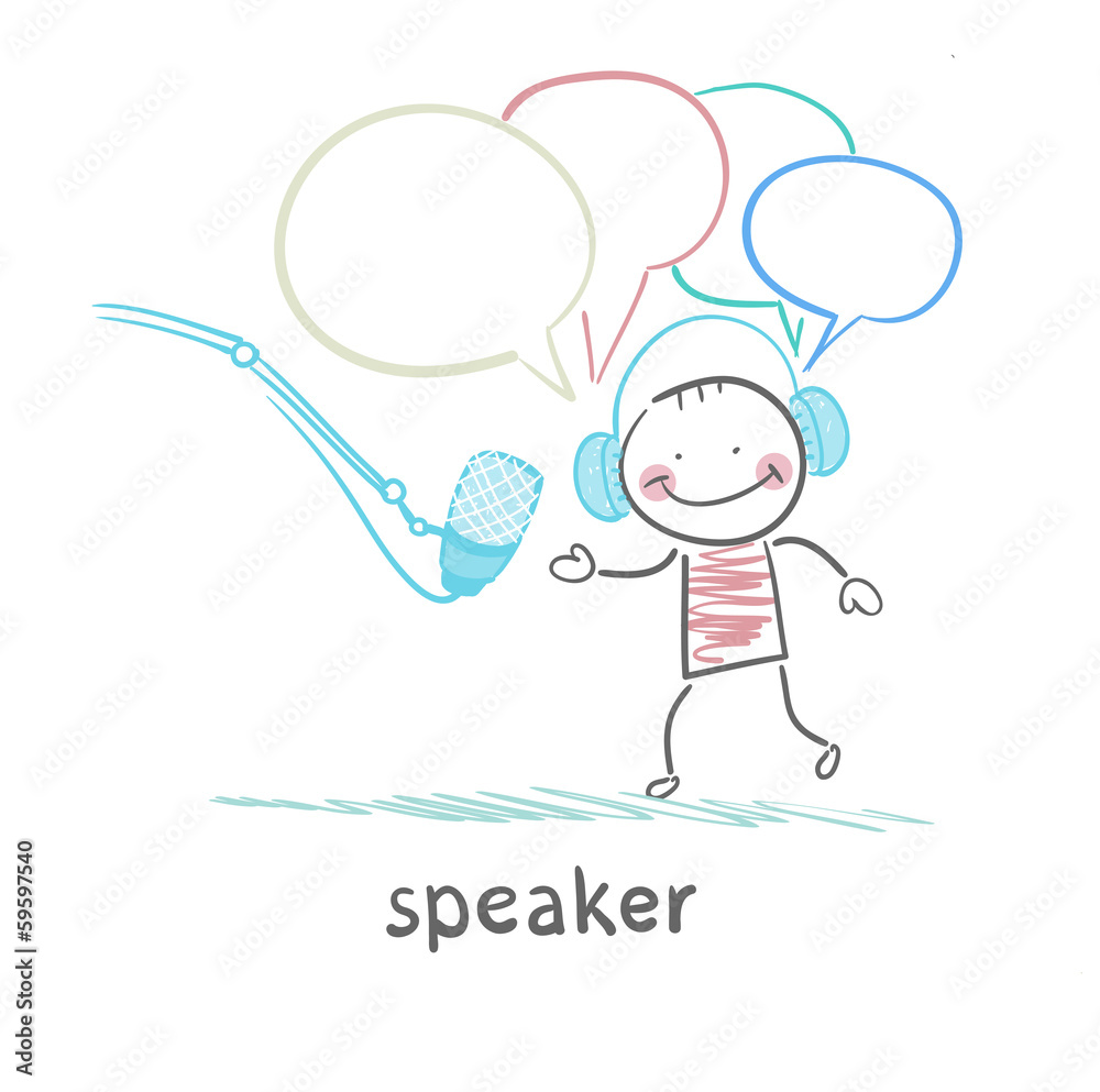 speaker in headphones speaks into a microphone speaker in headphones speaks into a microphone
