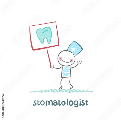 stomatologist with a placard on which painted a tooth