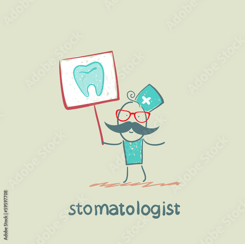 stomatologist with a placard on which painted a tooth
