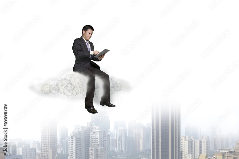 Businessman using tablet and sitting on cloud Businessman using tablet and sitting on cloud