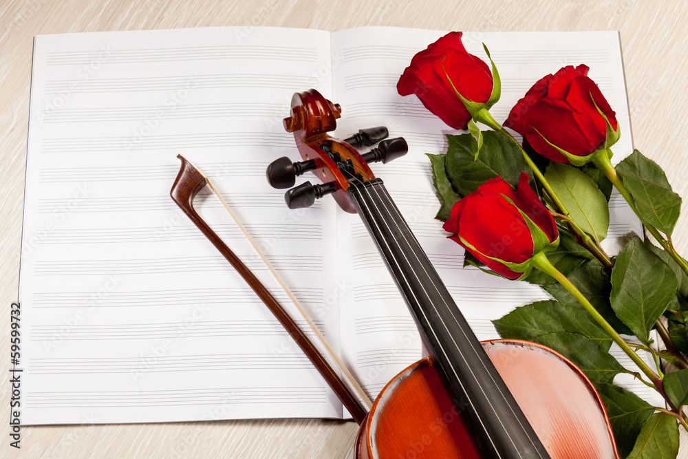 Fototapeta premium Red roses and a violin