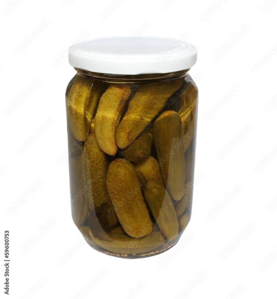 Pickled cucumbers in glass jar isolated on white background Pickled cucumbers in glass jar isolated on white background