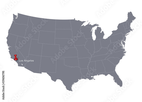 grey USA map and push pin pointing at Los Angeles