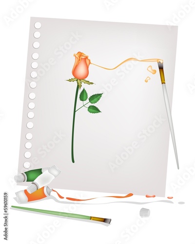 Artist Brush with Paint Tubes Drawing A Red Rose